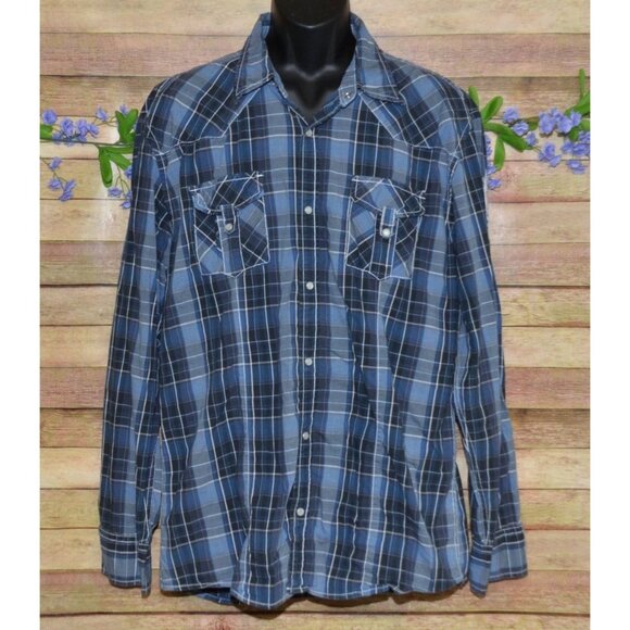 BKE Athletic Fit Men's Blue Plaid Pearl Snap Western Shirt Size XXL Embroidered - Picture 1 of 10